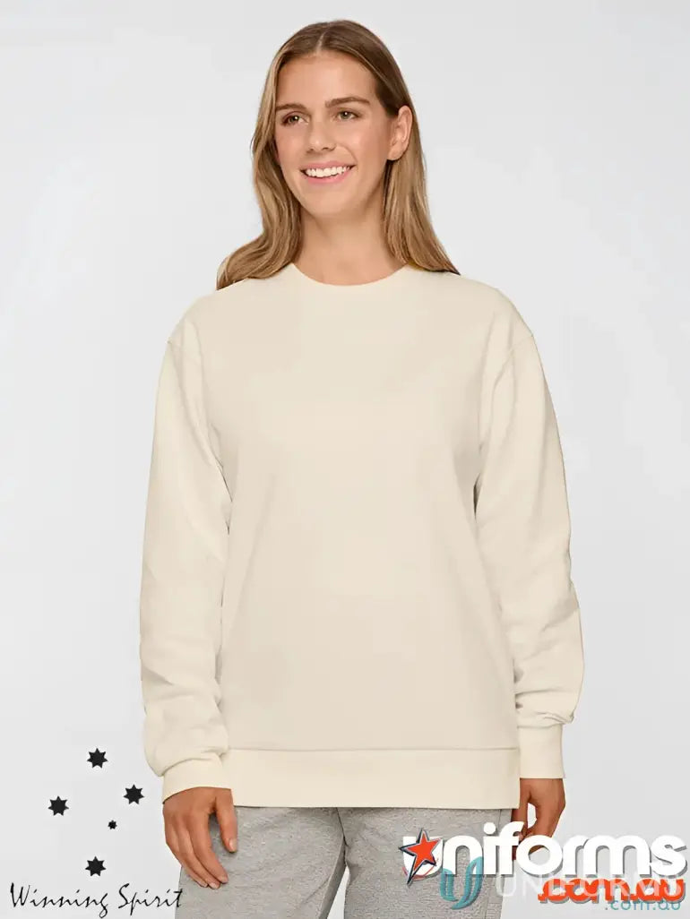Woman wearing a cream Airlayed CVC Crew Neck Sweater for everyday wear