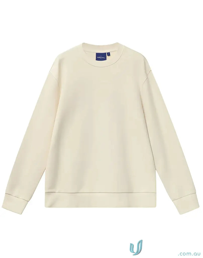 Cream-colored airlayed CVC sweater with soft cotton blend fabric and ribbed cuffs perfect for work uniforms and workwear