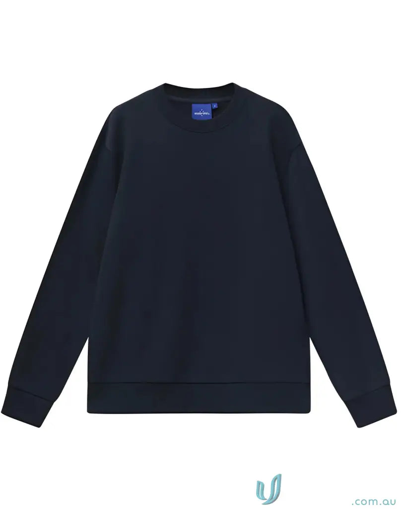 Black airlayed cvc sweater crewneck with ribbed cuffs and hem, perfect for workwear and uniforms with a blue tag