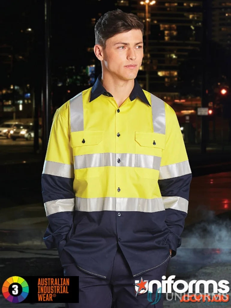 Men’s biomotion lightweight safety shirt cotton drill with reflective strips and chest pockets