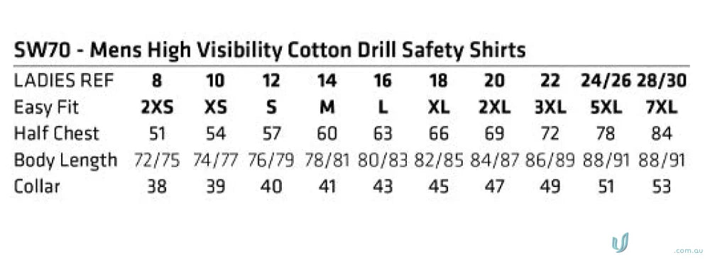 Size chart for AIW Biomotion Lightweight Safety Shirt Cotton Drill men’s safety shirt