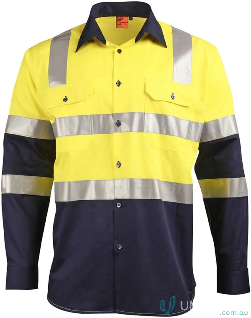 Yellow and navy blue biomotion lightweight safety shirt with reflective stripes for UV protection