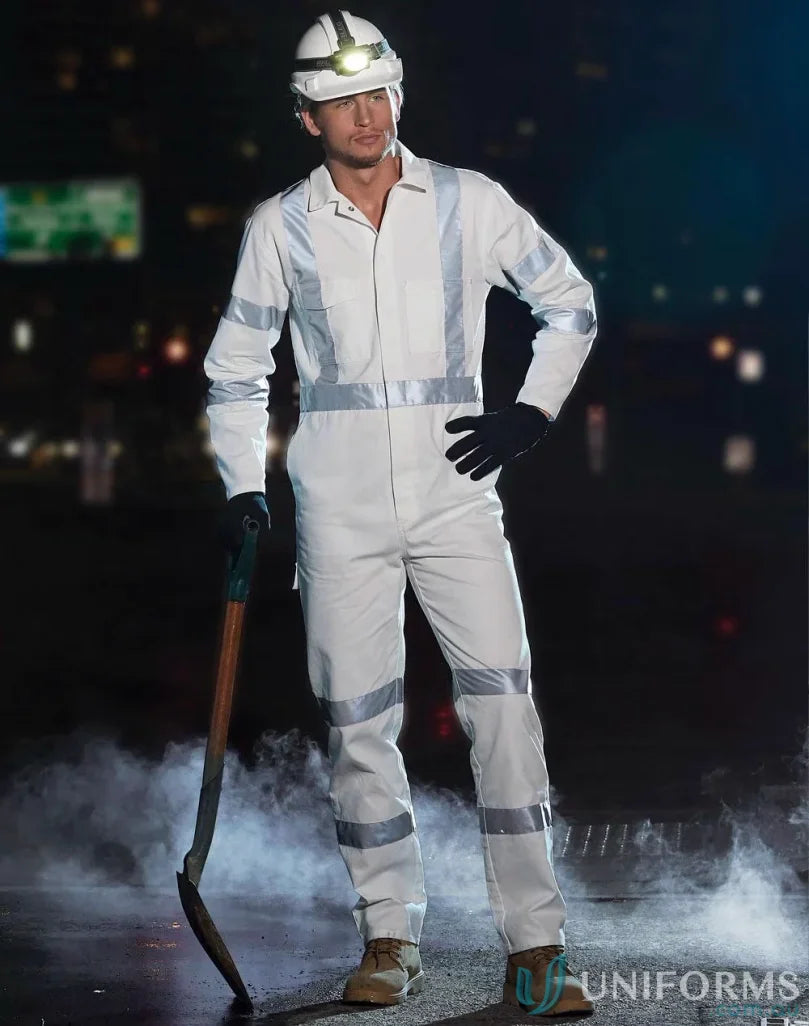 White reflective AIW Biomotion Nightwear Coverall with hard hat and gloves for safety