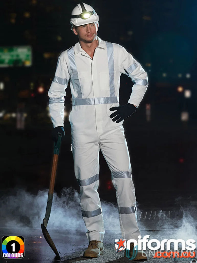 Male model in AIW Biomotion Nightwear Coverall with reflective stripes and hard hat