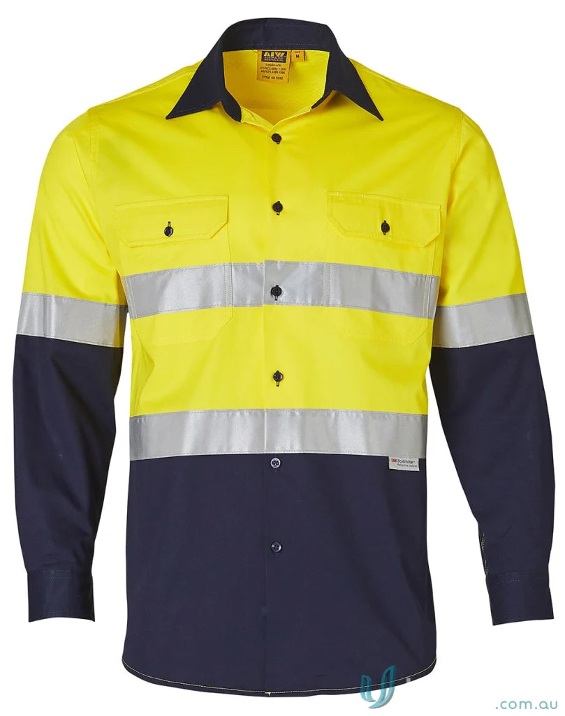 Yellow and navy blue safety shirt with Scotchlite™ reflective tapes for demanding work environments
