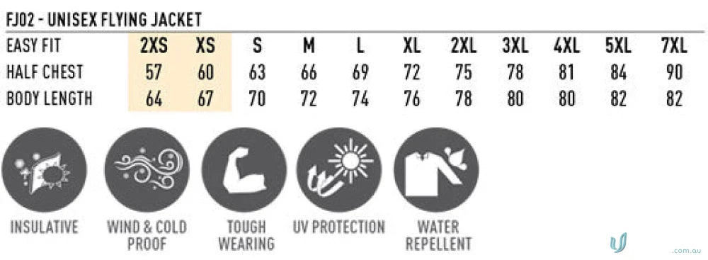 Unisex AIW Flying Jacket size chart with features, rain hood, perfect for winning spirit enthusiasts