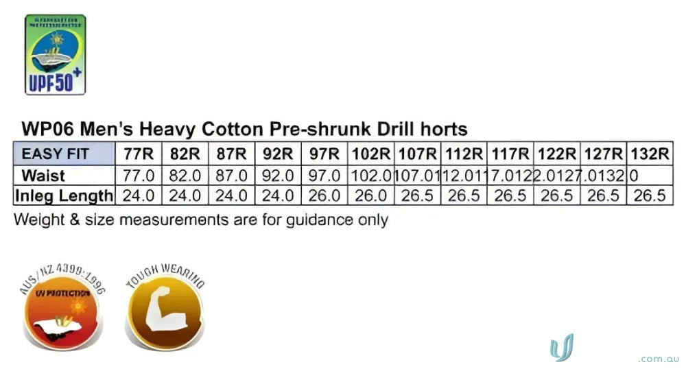 Men’s heavy cotton drill cargo shorts size chart for AIW Heavy Cotton Drill Shorts