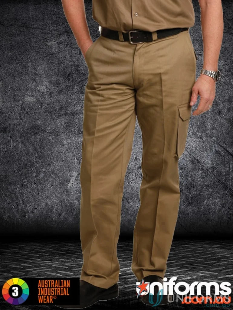 Men’s khaki AIW Heavy Cotton Pre-Shrunk Drill Pants with cargo pocket for workwear