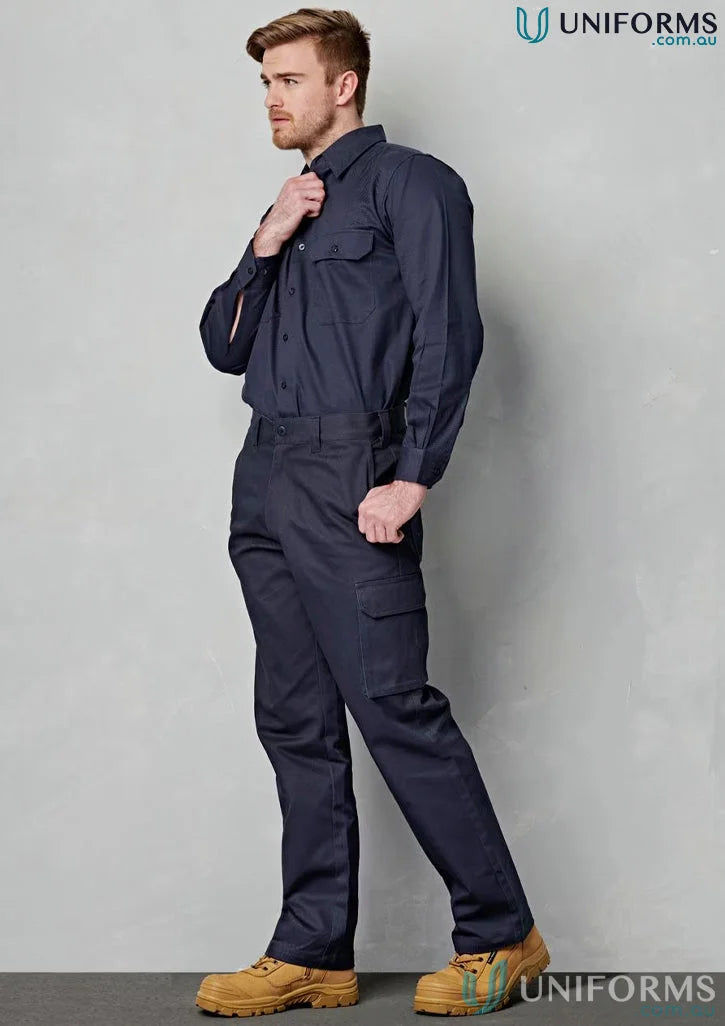 Man modeling navy blue AIW Heavy Cotton Pre-Shrunk Drill Pants with work shirt and boots