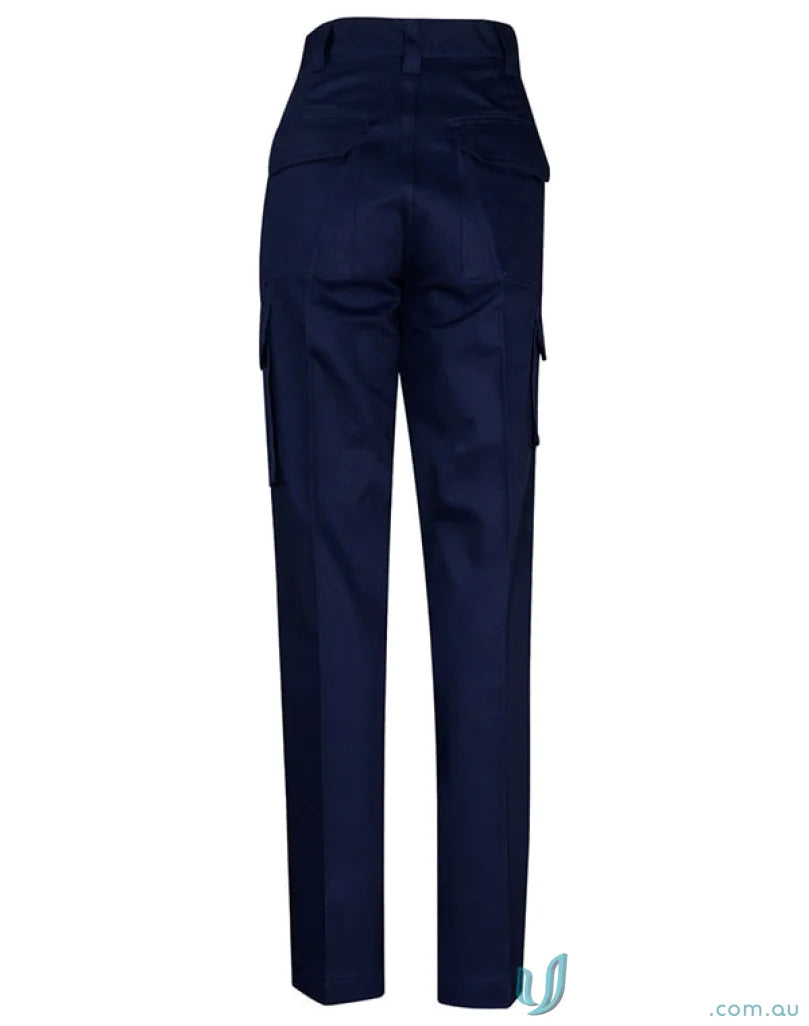 Navy blue women’s cargo pants in pre-shrunk drill fabric with high waist style