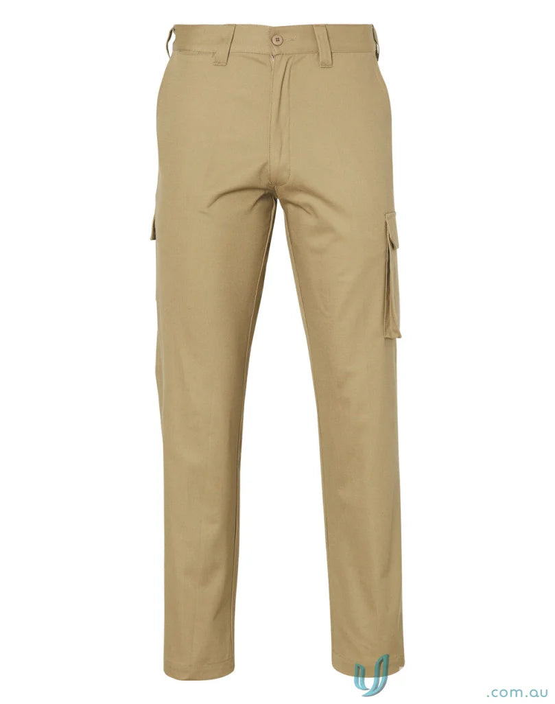 Men’s khaki cargo pants with side pockets from AIW Heavy Cotton Pre-Shrunk Drill collection