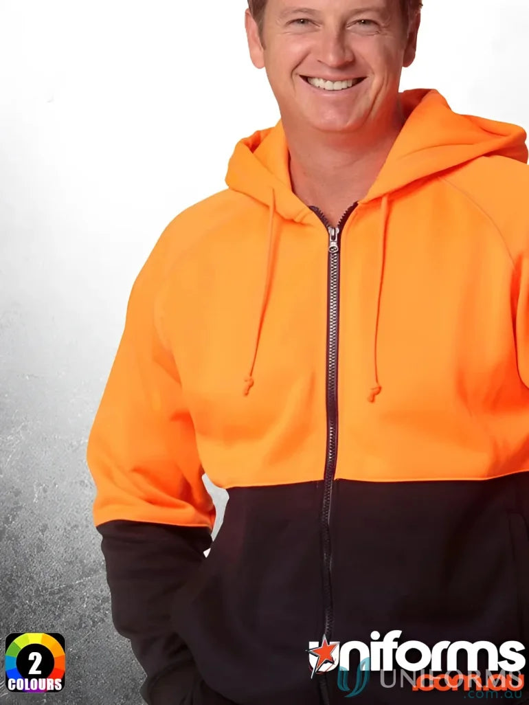 Orange and black fleece hoodie with winning spirit, perfect two-tone fleece hoodie style