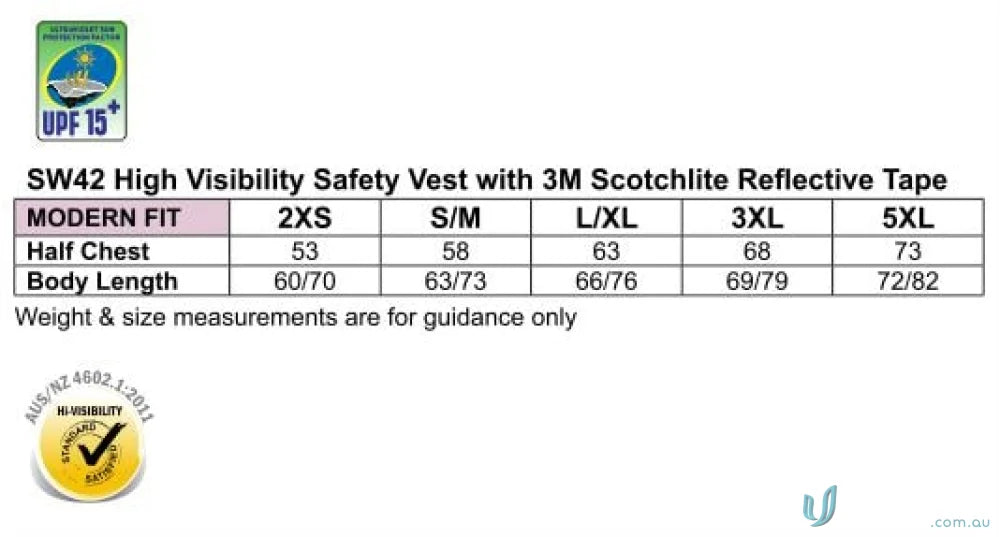 High visibility safety vest size chart for Spirit AIW taped vest showing fit & sizing