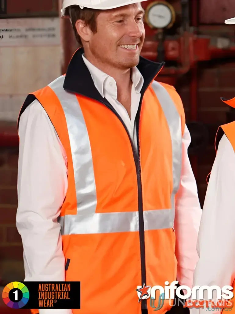 Orange AIW HiVis Reversible Safety Vest with reflective strips and black zipper