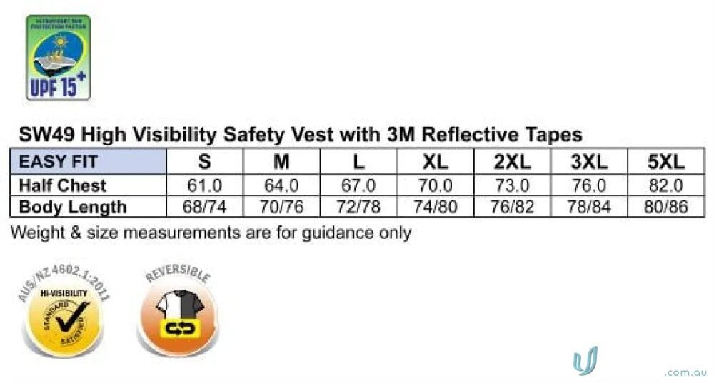 High visibility safety vest size chart for AIW HiVis Reversible Safety Vest Winning Spirit SW49