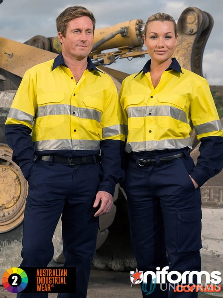 Matching high-vis workwear outfits with SW69 Rip-Stop Long Sleeve Safety Shirt featuring reflective tape