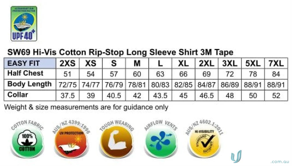 Hi-vis Cotton Rip-Stop Long Sleeve Safety Shirt Size Chart with Reflective Tape Features