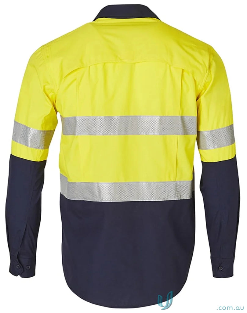 Yellow and navy blue long sleeve safety shirt with reflective tape and sw69 rip-stop fabric