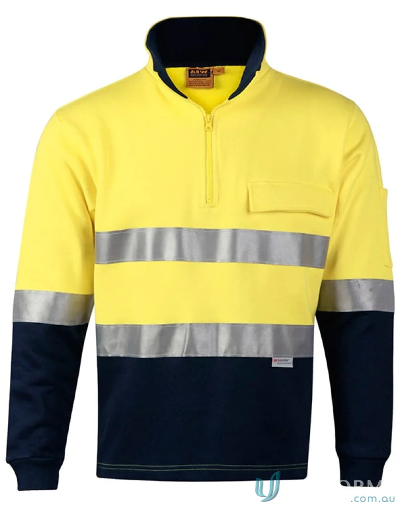 AIW HiVis Unisex Cotton Fleece Sweat Jumper with high-vis yellow navy shirt and reflective tapes