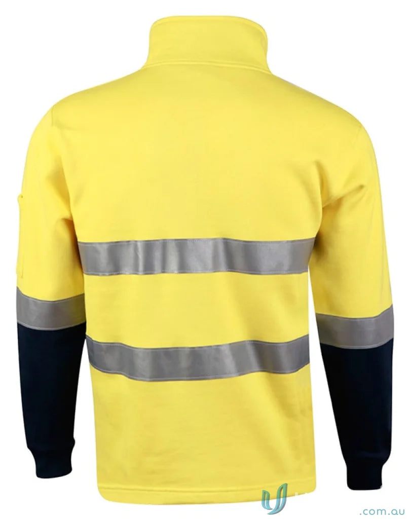 Yellow high-vis cotton fleece sweat jumper with reflective tapes and dark cuffs