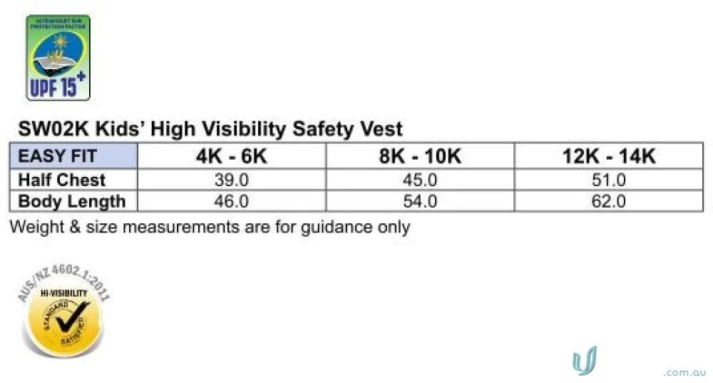 Kids safety vest size chart for AIW Kids Safety Vest, perfect for winning spirit sw02k