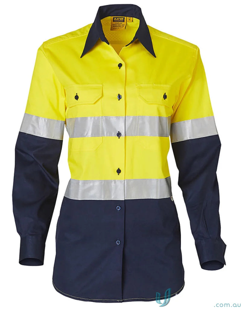 Yellow navy blue ladies hivis taped long sleeve safety work shirt for SW65 women
