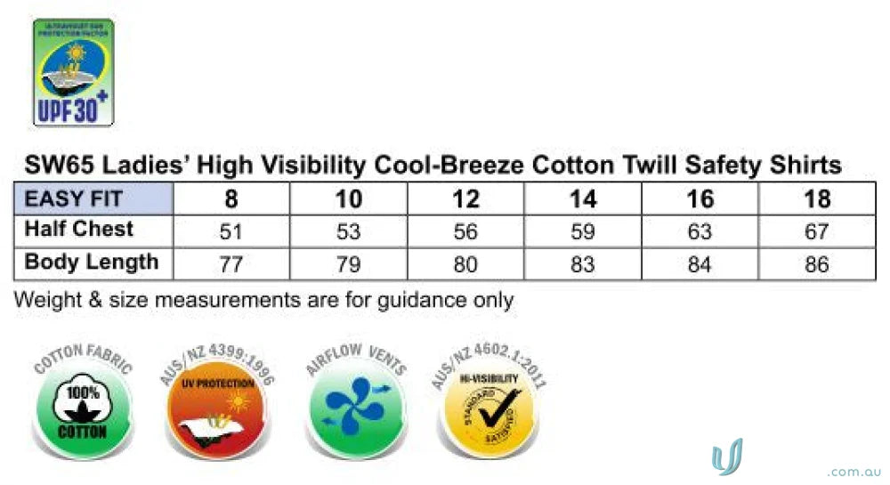 Ladies Hivis Taped Sw65 Womens Long Sleeve Safety Shirt size chart image