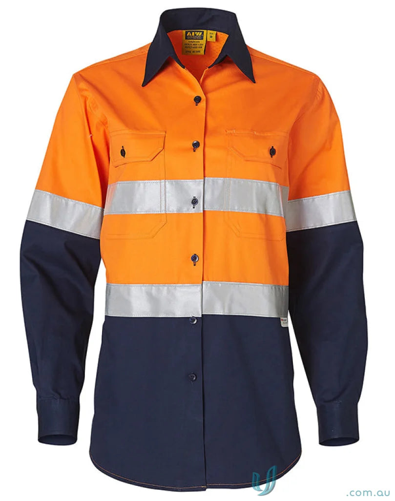 Orange and navy blue ladies hivis taped long sleeve safety work shirt in Cool-Breeze Twill