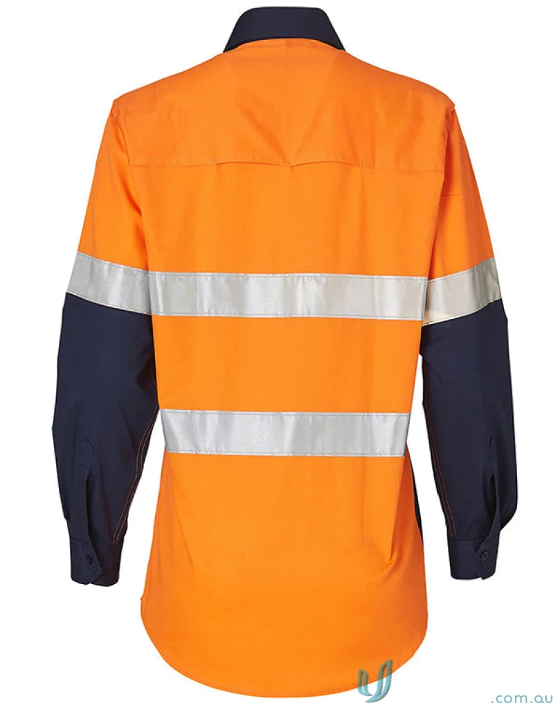 Orange and navy blue ladies hivis taped long sleeve safety work shirt featuring cool-breeze twill