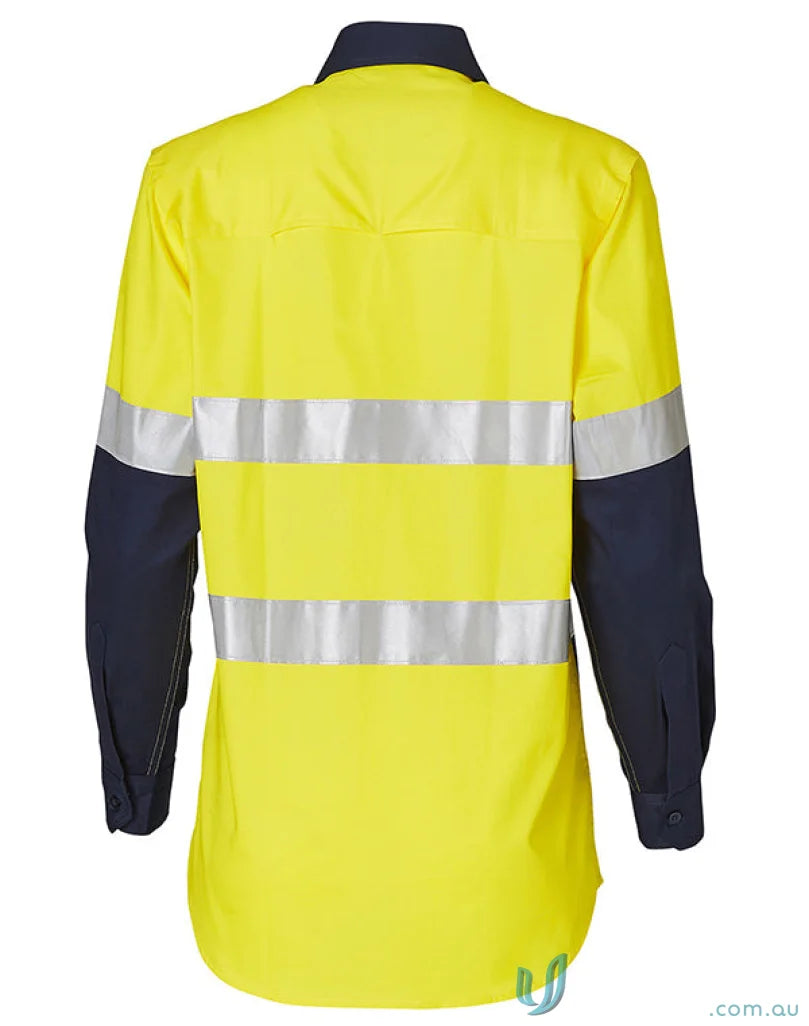 Yellow and navy blue ladies hivis taped long sleeve safety shirt with reflective stripes