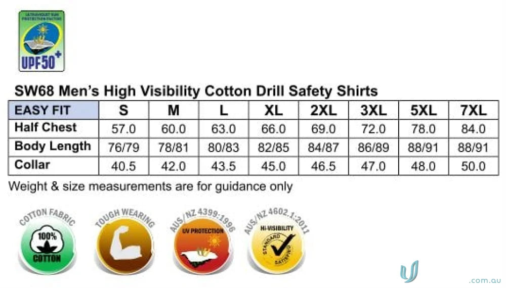 Men’s high visibility cotton drill safety shirt size chart for AIW Spirit Reflective Safety Shirt SW68 Long Sleeve