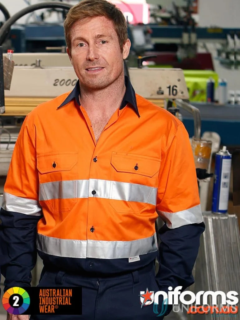 Orange and navy blue hi-vis work shirt from Spirit AIW SW68 Long Sleeve Reflective Safety Shirt