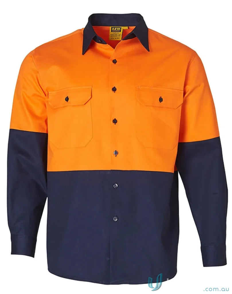 AIW Safety Cotton Drill Safety Shirt with two-tone long sleeves and two button-down chests
