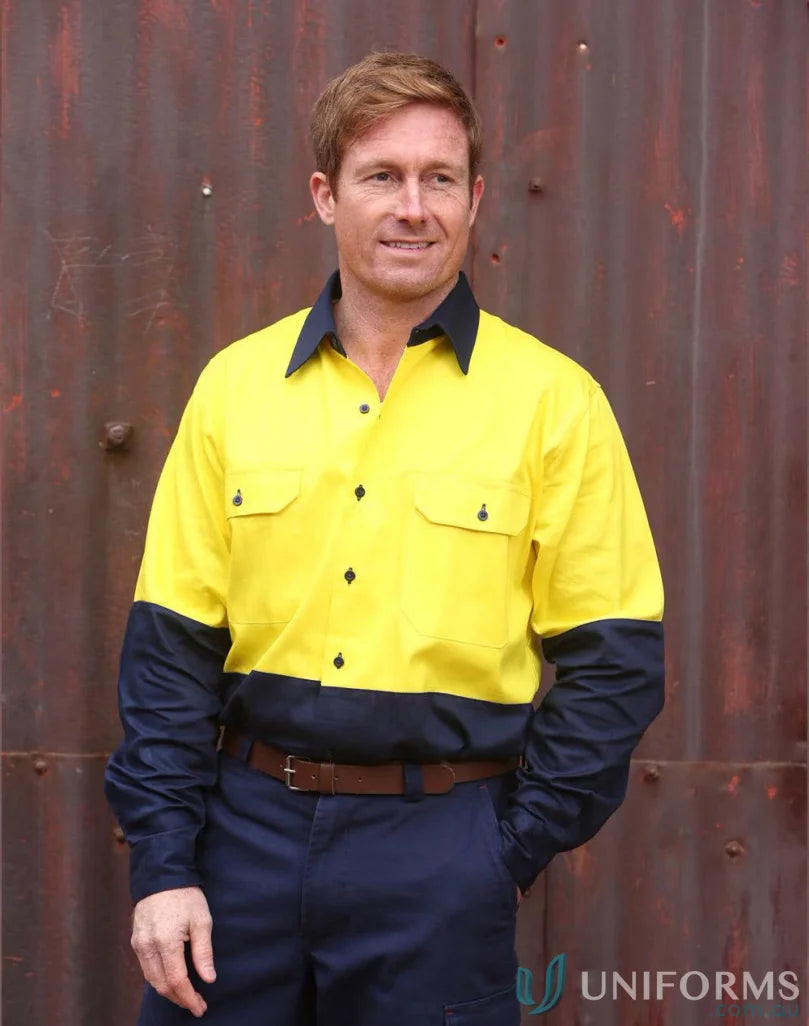 Man in AIW Safety Cotton Drill Safety Shirt with two-button-down chest