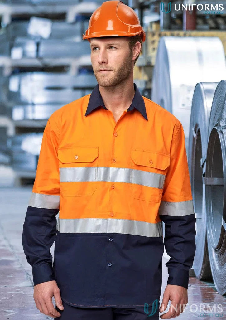 Orange and navy blue AIW Unisex HiVis Cool Breeze safety shirt for maximum visibility