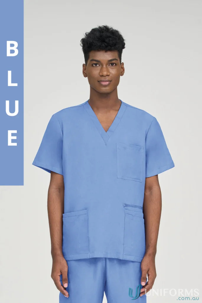 Blue medical scrub set from Alex Collection with secure zip pocket for allied health workers