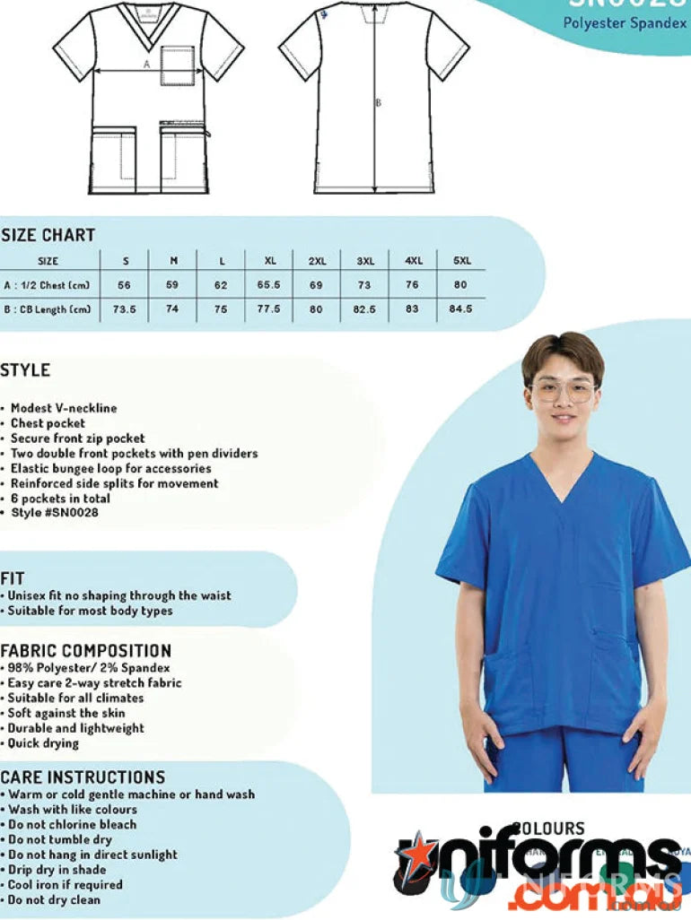Alex Scrub Top in blue with secure zip pocket, perfect for allied health workers