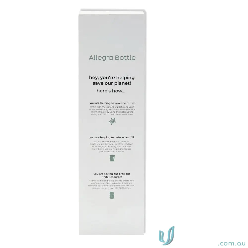 Allegra 1L stainless steel insulated bottle packaging fits car cup holders and keeps drinks hot or cold