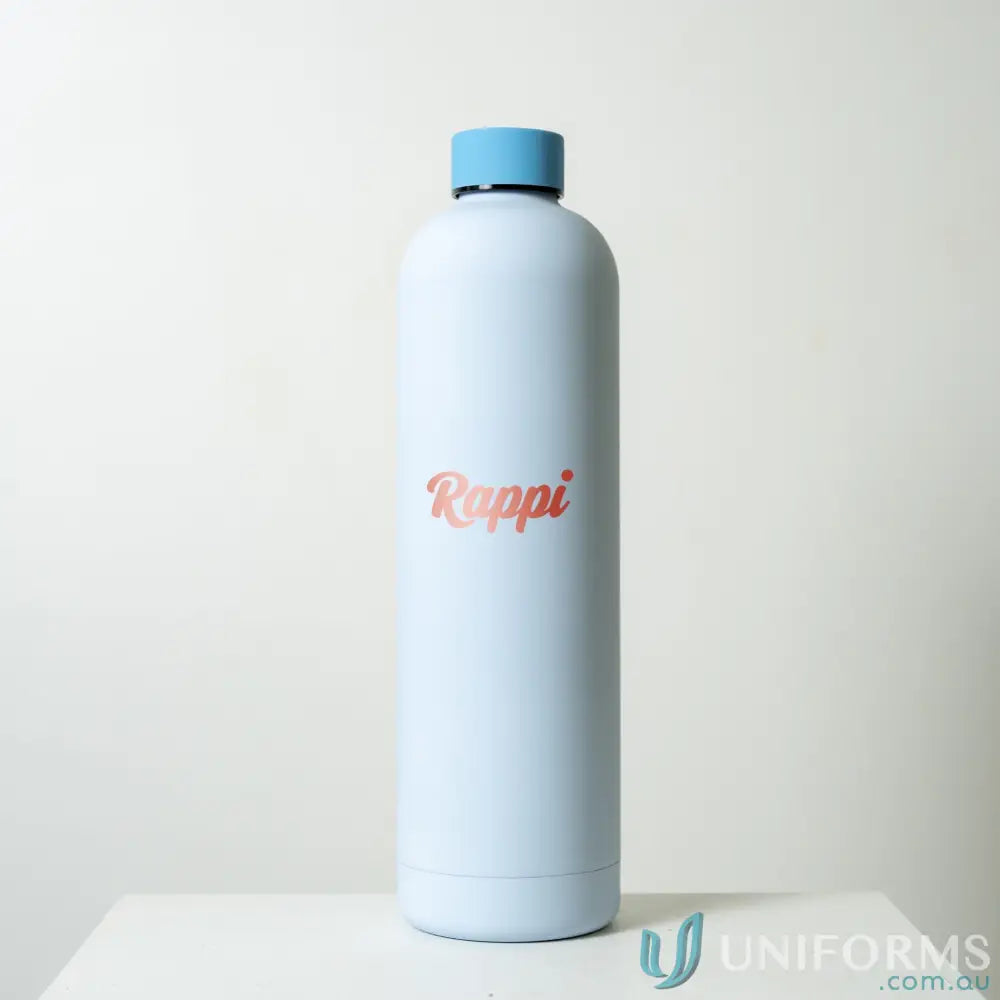 Light blue stainless steel Allegra 1L insulated bottle with a blue cap fits in car cup holders