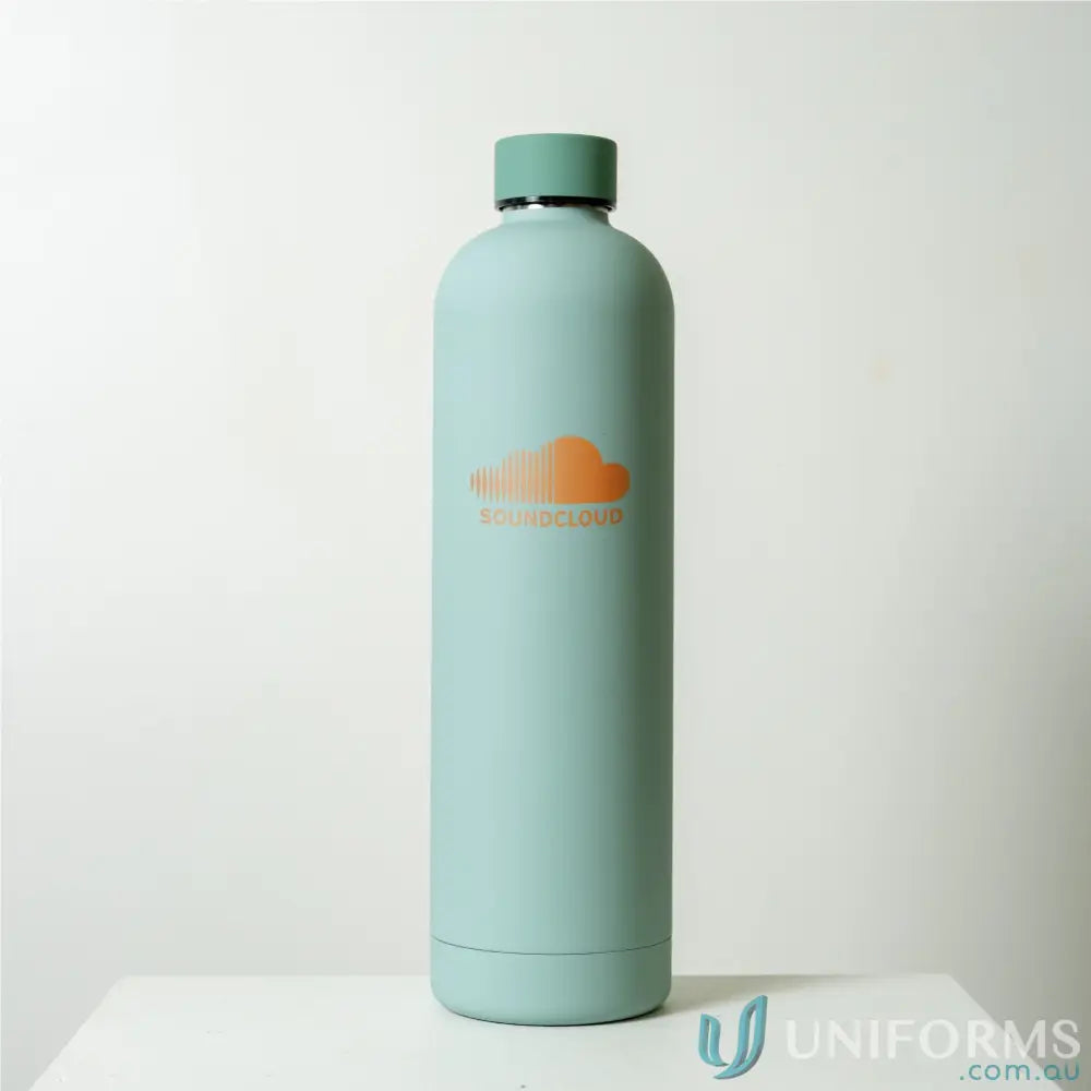 Mint-colored stainless steel Allegra 1L insulated bottle fits in car cup holders