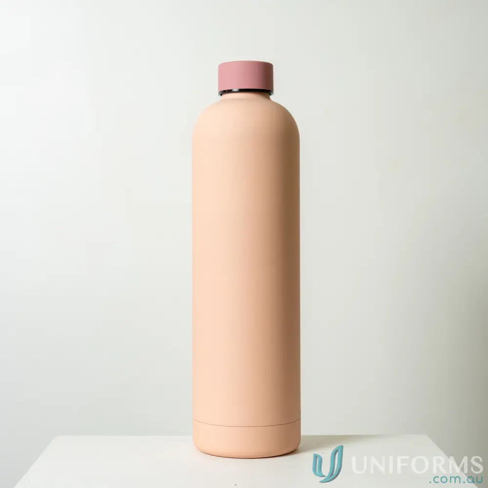 Peach-colored stainless steel Allegra 1L insulated water bottle with pink lid for car cup holders