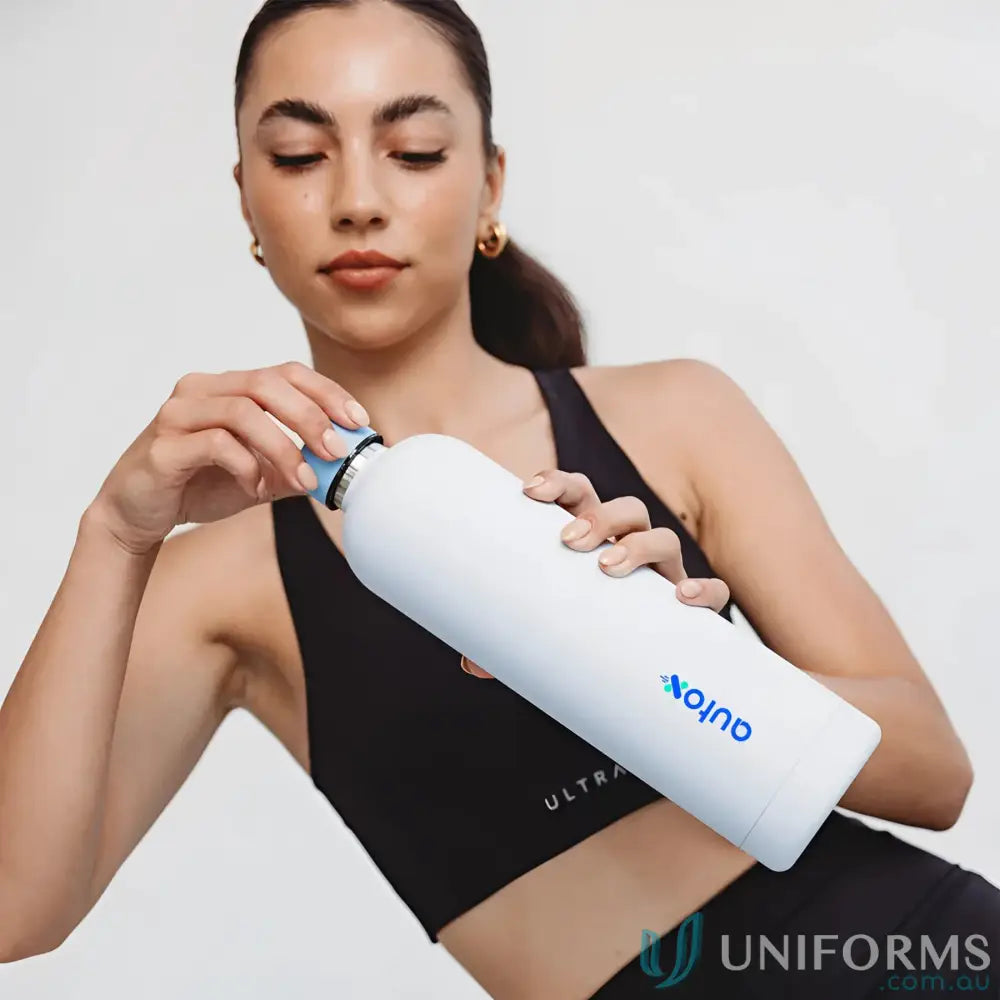 White Allegra 1L insulated stainless steel water bottle fits in car cup holders