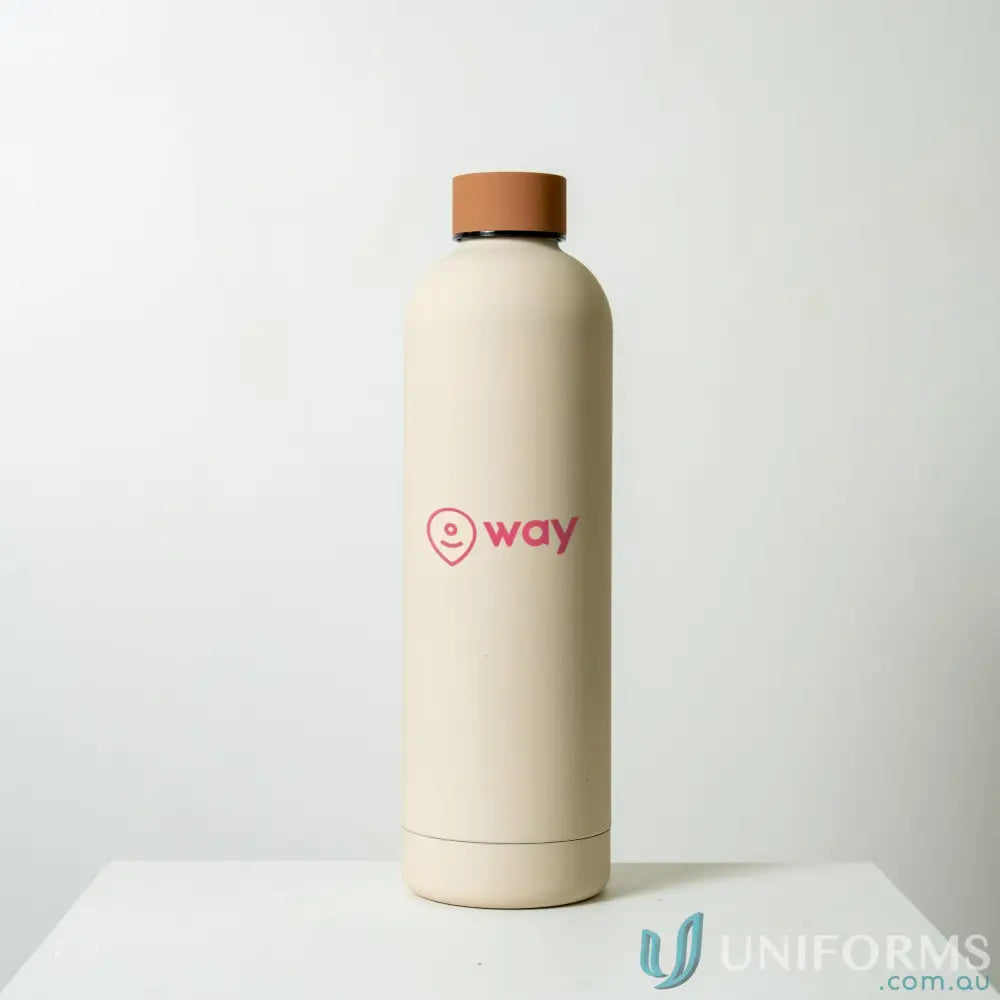 Beige Stainless Steel Double-Wall Vacuum Insulated Drink Bottle with Brown Cap