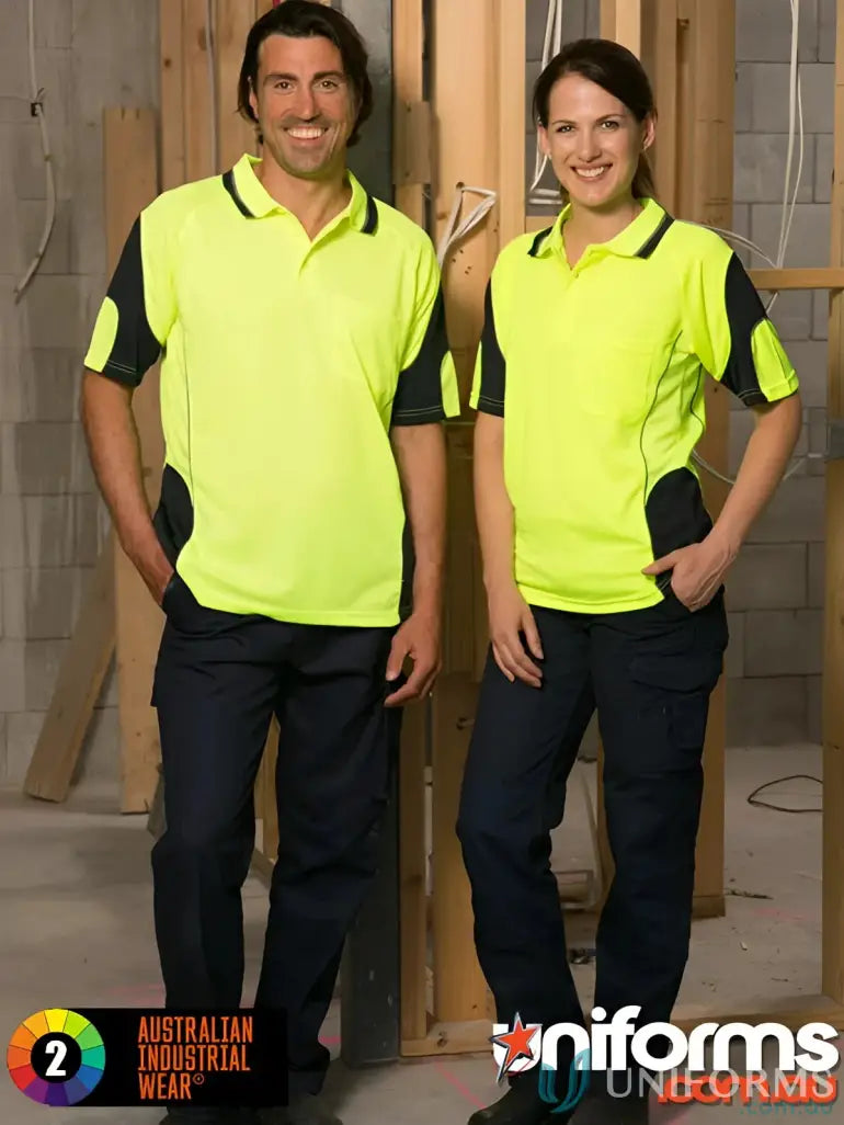 Matching high-vis workwear outfits in alliance SS Safety Polo with mini waffle fabric