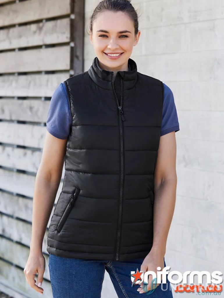 Black quilted women’s alpine vest made with recycled PET polyester from Biz Collection Women’s