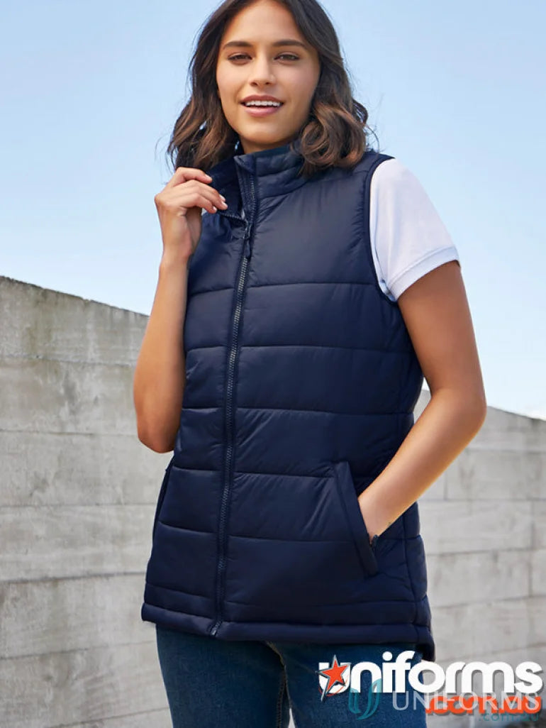 Navy blue puffer vest from Alpine Ladies Puffer Vest in biz collection women’s recycled PET polyester