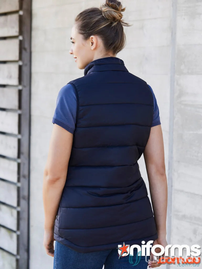 Navy quilted Alpine Ladies Puffer Vest from Biz Collection Women’s, made with recycled PET polyester