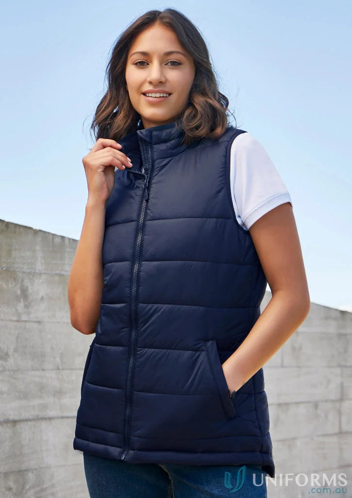 Navy blue puffer vest from Alpine Ladies Puffer Vest collection made with recycled pet polyester
