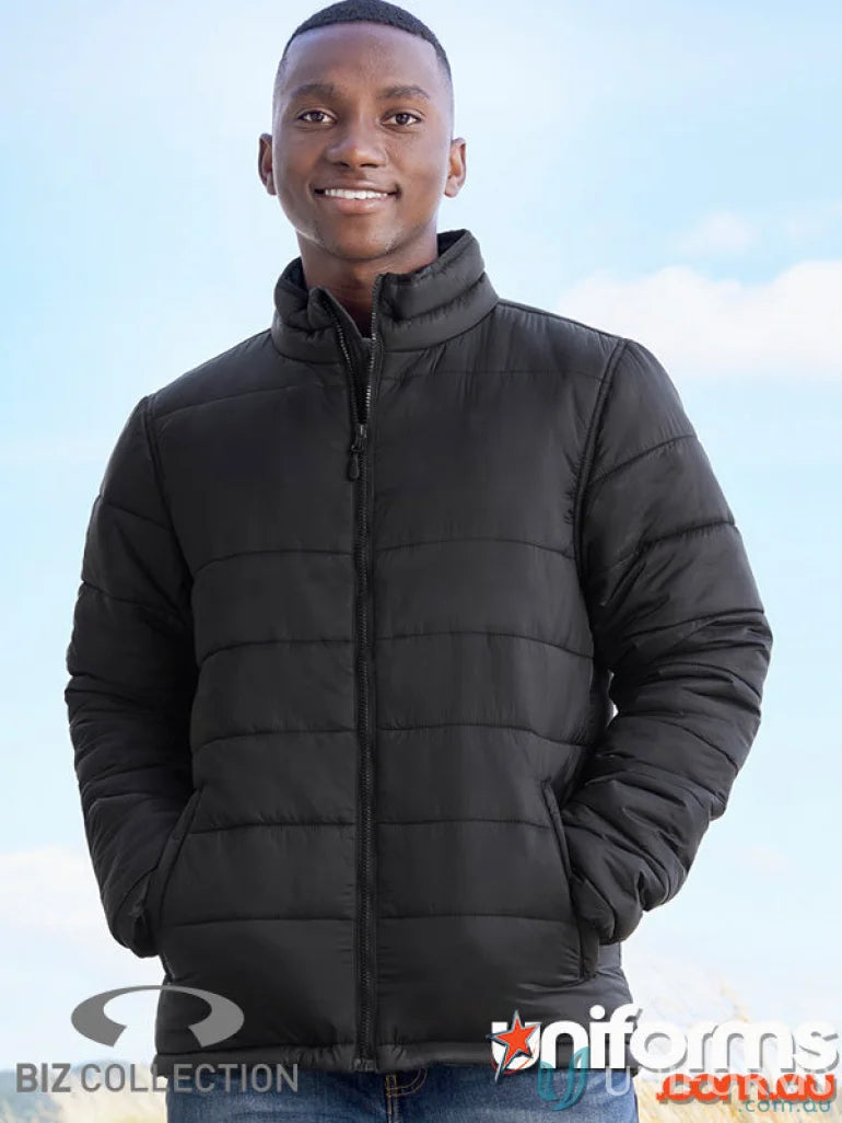 Black puffer jacket from Biz Collection men’s alpine jacket made with recycled pet polyester