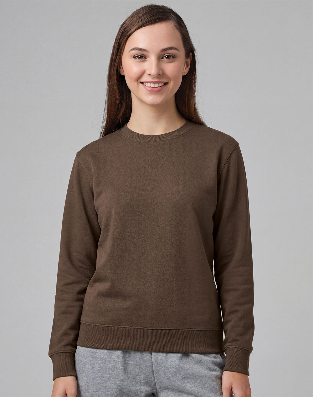 American style fleece sweatshirt in soft brown with gray crew neck